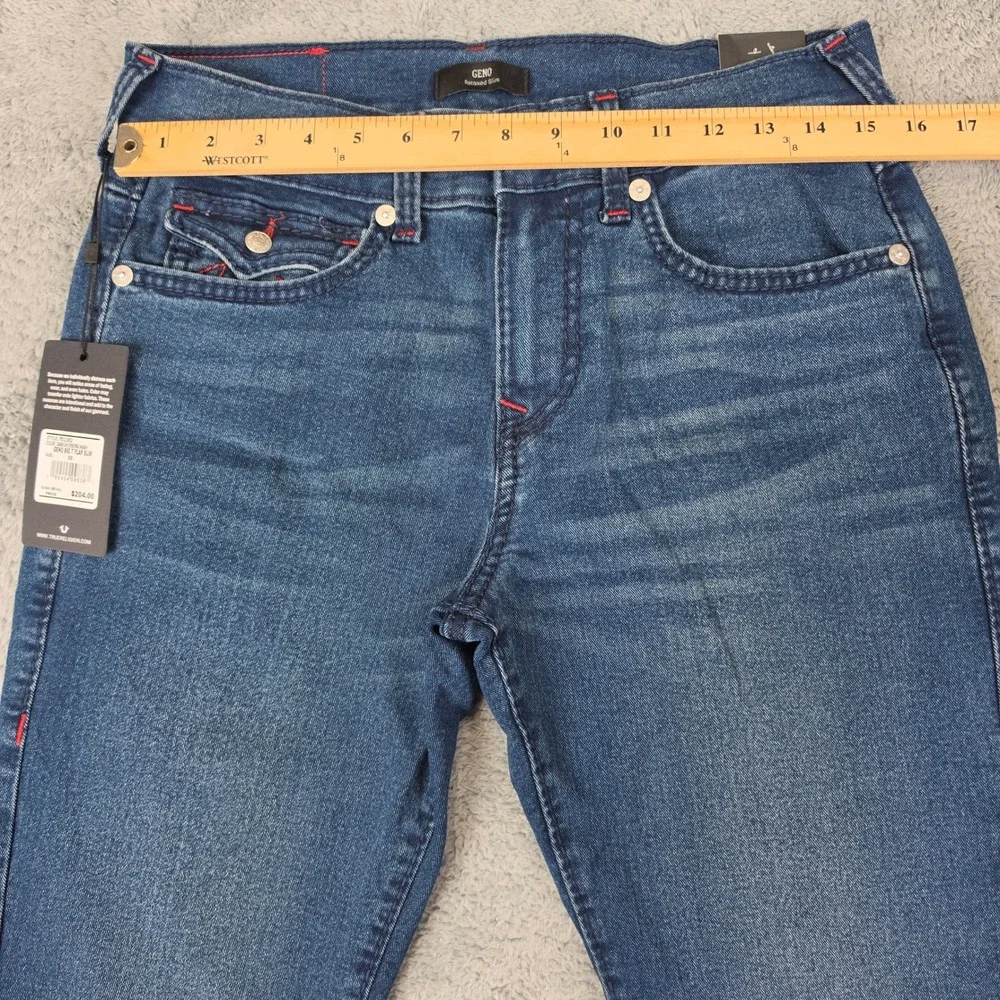 True Religion Geno Relaxed Slim Jeans Mens 30 Blue Big T Flap Shivering Wash NWT